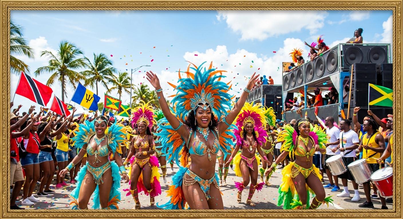 Masqueraders in turquoise, orange and yellow feathered costumes dancing past a music truck on a Trinidad Carnival road march.