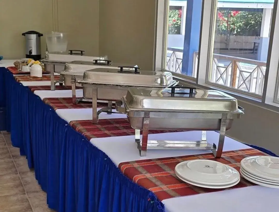 Buffet service set up in the poolside dining room