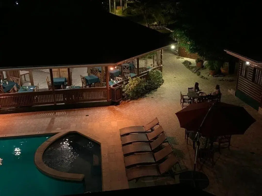Evening view over the open-air restaurant terrace