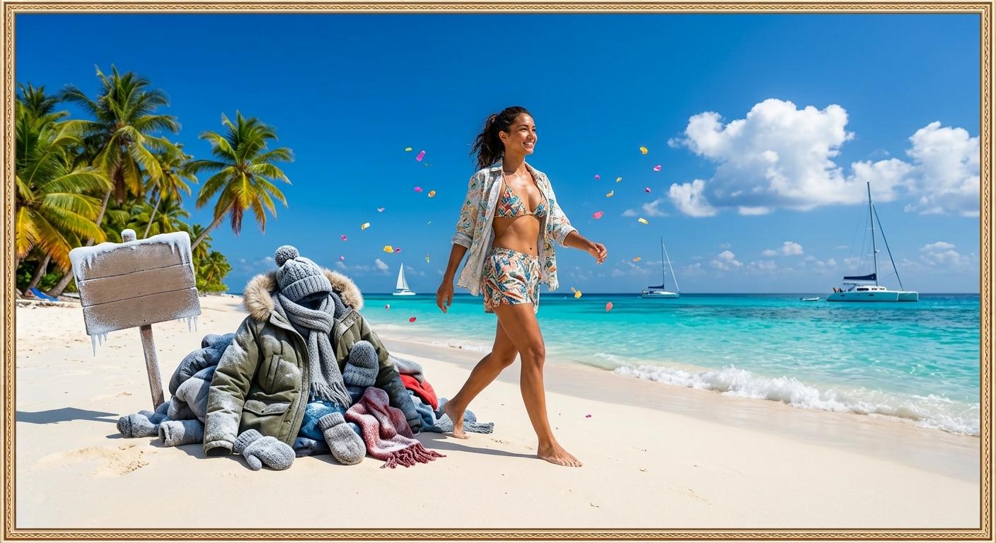 Winter coats and scarves piled on white Caribbean sand beside turquoise water, with a traveller walking away in summer clothes.