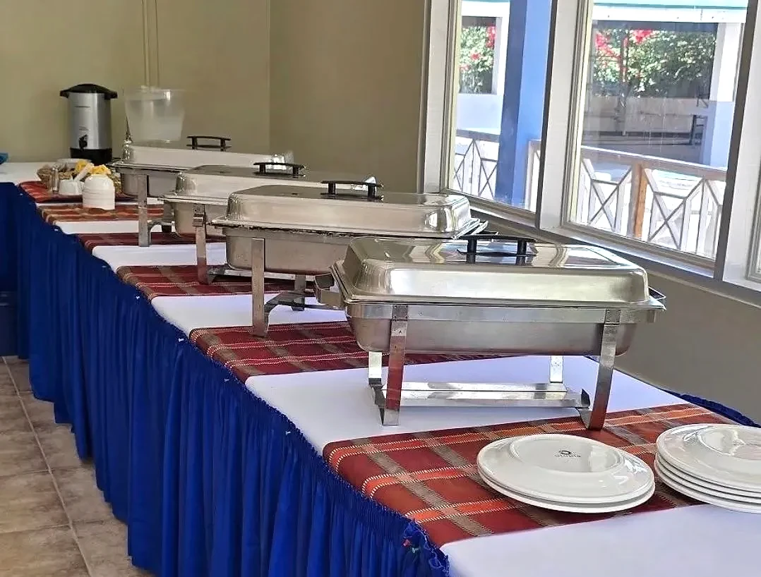 Buffet service set up in the poolside dining room